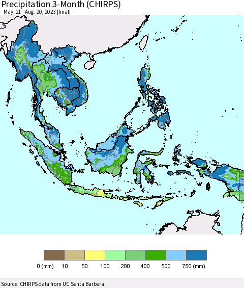 South East Asia Precipitation 3-Month (CHIRPS) Thematic Map For 5/21/2023 - 8/20/2023