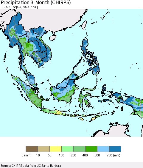 South East Asia Precipitation 3-Month (CHIRPS) Thematic Map For 6/6/2023 - 9/5/2023