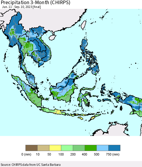 South East Asia Precipitation 3-Month (CHIRPS) Thematic Map For 6/11/2023 - 9/10/2023