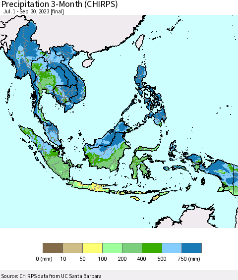 South East Asia Precipitation 3-Month (CHIRPS) Thematic Map For 7/1/2023 - 9/30/2023