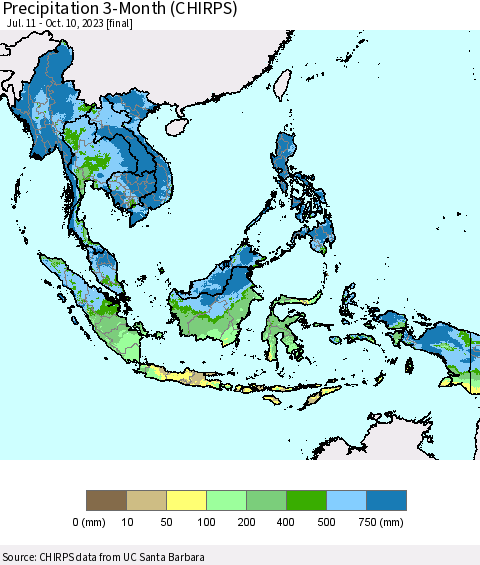 South East Asia Precipitation 3-Month (CHIRPS) Thematic Map For 7/11/2023 - 10/10/2023