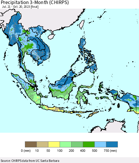 South East Asia Precipitation 3-Month (CHIRPS) Thematic Map For 7/21/2023 - 10/20/2023