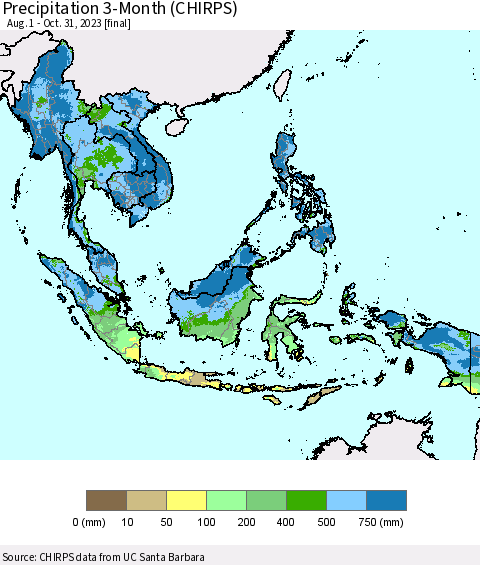 South East Asia Precipitation 3-Month (CHIRPS) Thematic Map For 8/1/2023 - 10/31/2023