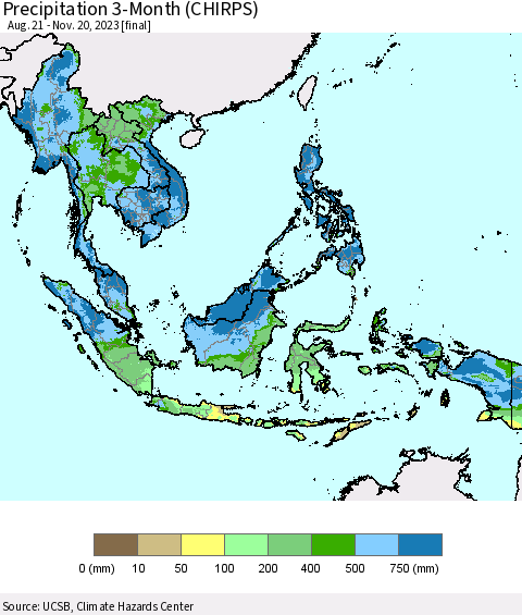 South East Asia Precipitation 3-Month (CHIRPS) Thematic Map For 8/21/2023 - 11/20/2023