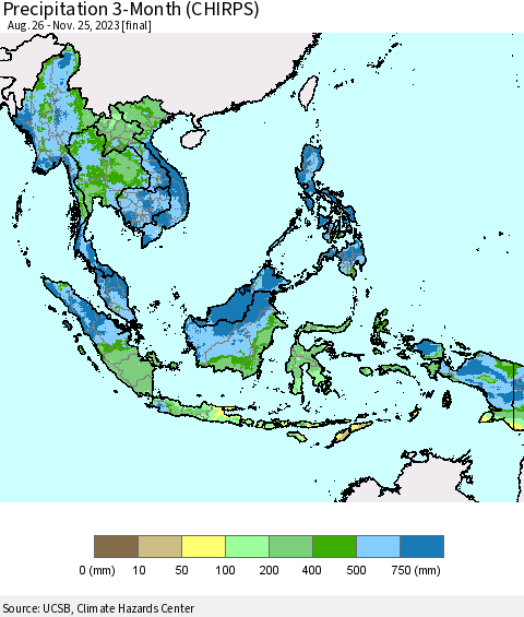 South East Asia Precipitation 3-Month (CHIRPS) Thematic Map For 8/26/2023 - 11/25/2023