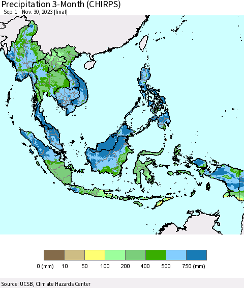 South East Asia Precipitation 3-Month (CHIRPS) Thematic Map For 9/1/2023 - 11/30/2023