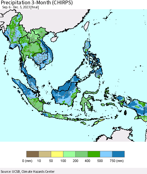 South East Asia Precipitation 3-Month (CHIRPS) Thematic Map For 9/6/2023 - 12/5/2023