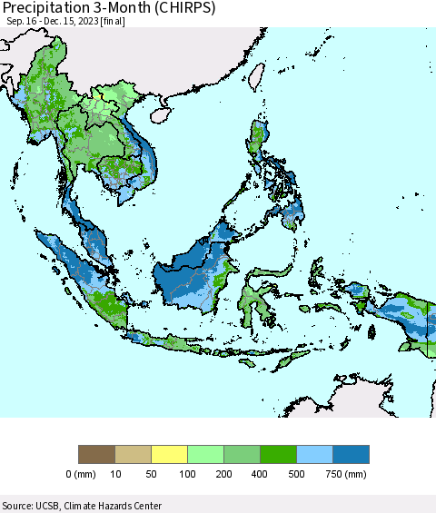 South East Asia Precipitation 3-Month (CHIRPS) Thematic Map For 9/16/2023 - 12/15/2023