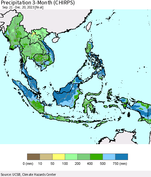 South East Asia Precipitation 3-Month (CHIRPS) Thematic Map For 9/21/2023 - 12/20/2023