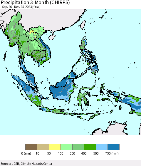 South East Asia Precipitation 3-Month (CHIRPS) Thematic Map For 9/26/2023 - 12/25/2023