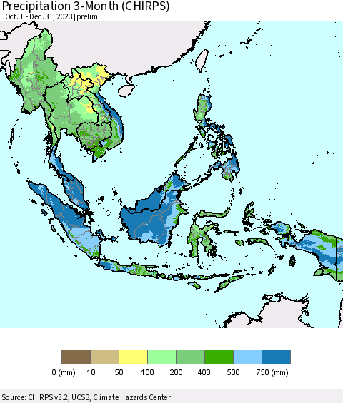 South East Asia Precipitation 3-Month (CHIRPS) Thematic Map For 10/1/2023 - 12/31/2023