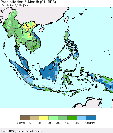 South East Asia Precipitation 3-Month (CHIRPS) Thematic Map For 10/6/2023 - 1/5/2024