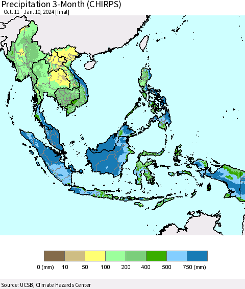 South East Asia Precipitation 3-Month (CHIRPS) Thematic Map For 10/11/2023 - 1/10/2024