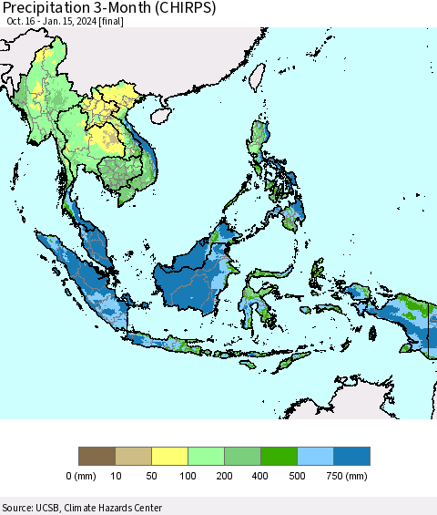 South East Asia Precipitation 3-Month (CHIRPS) Thematic Map For 10/16/2023 - 1/15/2024