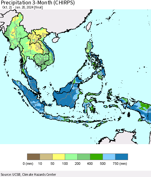 South East Asia Precipitation 3-Month (CHIRPS) Thematic Map For 10/21/2023 - 1/20/2024
