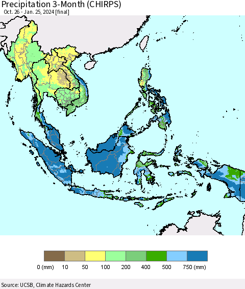 South East Asia Precipitation 3-Month (CHIRPS) Thematic Map For 10/26/2023 - 1/25/2024