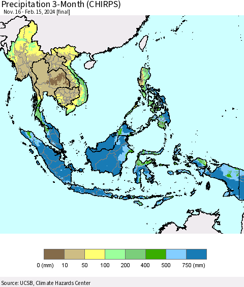 South East Asia Precipitation 3-Month (CHIRPS) Thematic Map For 11/16/2023 - 2/15/2024
