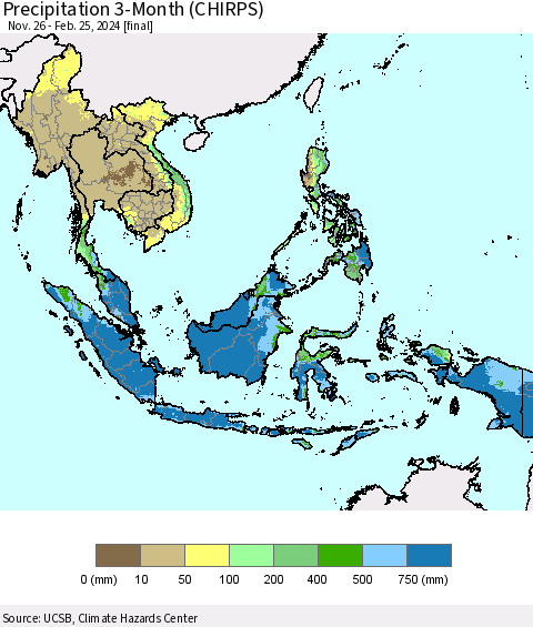 South East Asia Precipitation 3-Month (CHIRPS) Thematic Map For 11/26/2023 - 2/25/2024