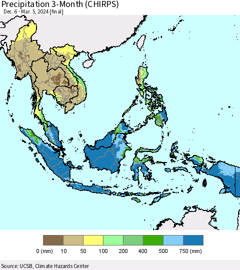 South East Asia Precipitation 3-Month (CHIRPS) Thematic Map For 12/6/2023 - 3/5/2024