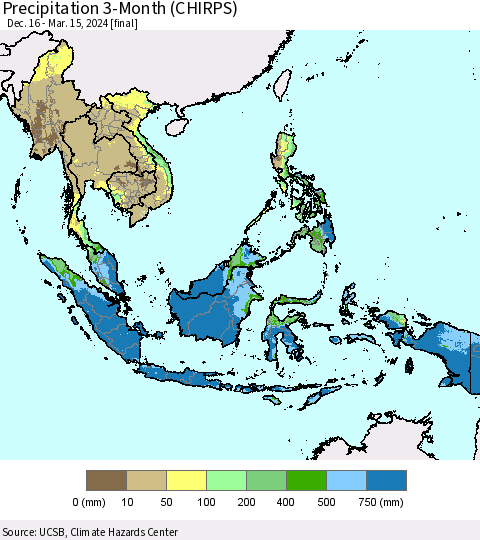 South East Asia Precipitation 3-Month (CHIRPS) Thematic Map For 12/16/2023 - 3/15/2024
