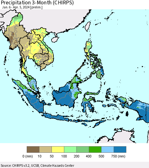 South East Asia Precipitation 3-Month (CHIRPS) Thematic Map For 1/6/2024 - 4/5/2024