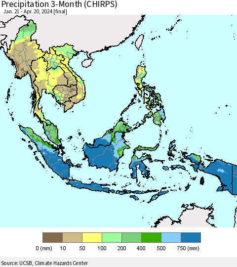 South East Asia Precipitation 3-Month (CHIRPS) Thematic Map For 1/21/2024 - 4/20/2024