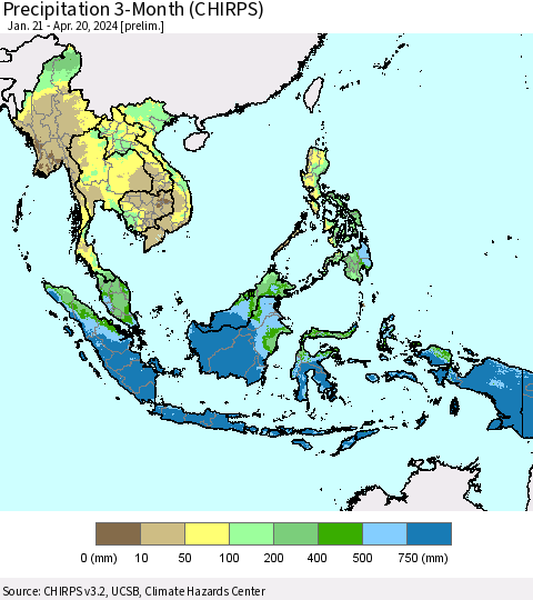 South East Asia Precipitation 3-Month (CHIRPS) Thematic Map For 1/21/2024 - 4/20/2024