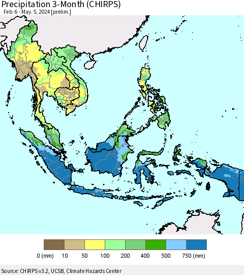 South East Asia Precipitation 3-Month (CHIRPS) Thematic Map For 2/6/2024 - 5/5/2024