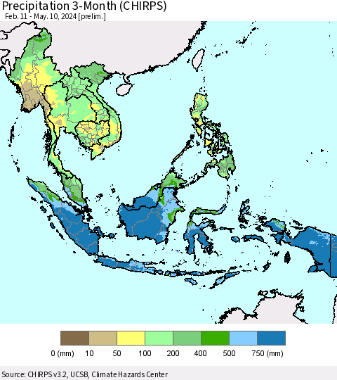 South East Asia Precipitation 3-Month (CHIRPS) Thematic Map For 2/11/2024 - 5/10/2024