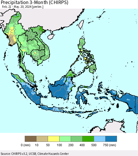 South East Asia Precipitation 3-Month (CHIRPS) Thematic Map For 2/21/2024 - 5/20/2024