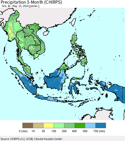 South East Asia Precipitation 3-Month (CHIRPS) Thematic Map For 2/26/2024 - 5/25/2024