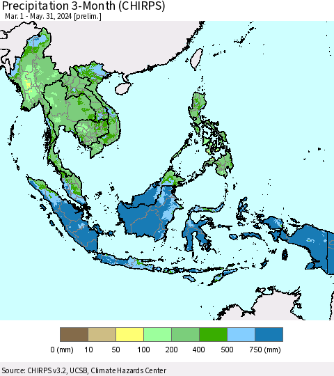 South East Asia Precipitation 3-Month (CHIRPS) Thematic Map For 3/1/2024 - 5/31/2024