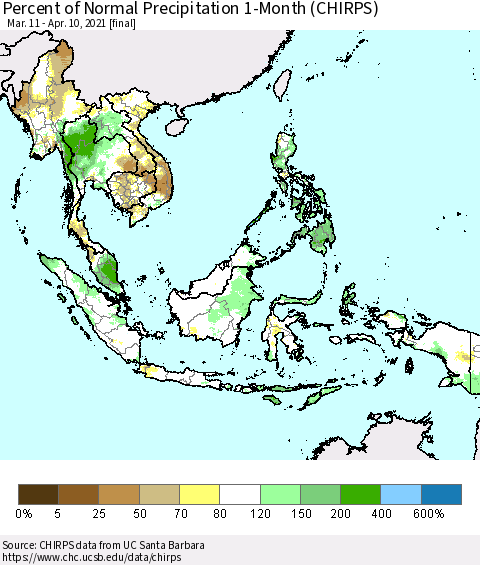 South East Asia Percent of Normal Precipitation 1-Month (CHIRPS) Thematic Map For 3/11/2021 - 4/10/2021
