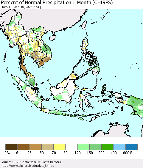 South East Asia Percent of Normal Precipitation 1-Month (CHIRPS) Thematic Map For 12/11/2021 - 1/10/2022