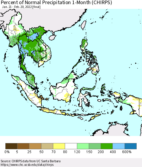South East Asia Percent of Normal Precipitation 1-Month (CHIRPS) Thematic Map For 1/21/2022 - 2/20/2022