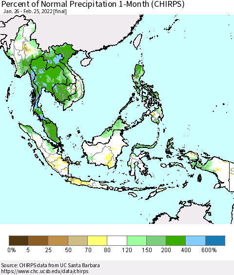 South East Asia Percent of Normal Precipitation 1-Month (CHIRPS) Thematic Map For 1/26/2022 - 2/25/2022