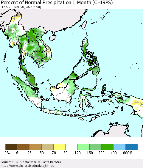 South East Asia Percent of Normal Precipitation 1-Month (CHIRPS) Thematic Map For 2/21/2022 - 3/20/2022