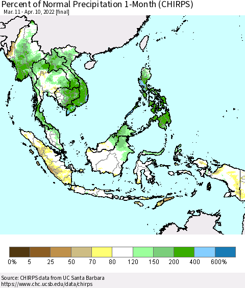 South East Asia Percent of Normal Precipitation 1-Month (CHIRPS) Thematic Map For 3/11/2022 - 4/10/2022