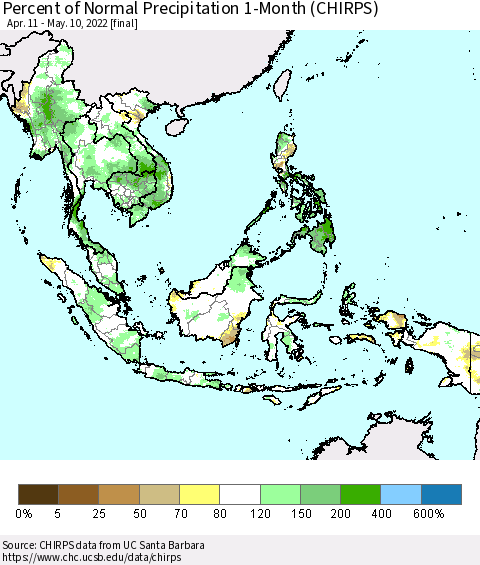 South East Asia Percent of Normal Precipitation 1-Month (CHIRPS) Thematic Map For 4/11/2022 - 5/10/2022