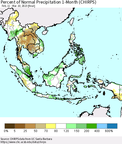 South East Asia Percent of Normal Precipitation 1-Month (CHIRPS) Thematic Map For 2/11/2023 - 3/10/2023