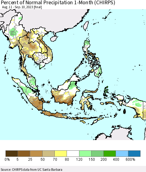 South East Asia Percent of Normal Precipitation 1-Month (CHIRPS) Thematic Map For 8/11/2023 - 9/10/2023