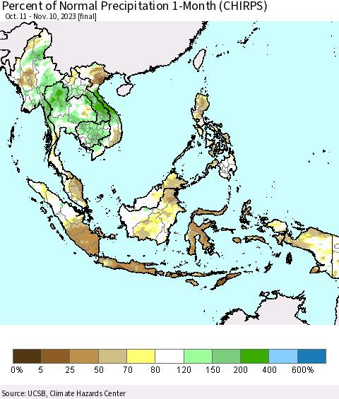 South East Asia Percent of Normal Precipitation 1-Month (CHIRPS) Thematic Map For 10/11/2023 - 11/10/2023