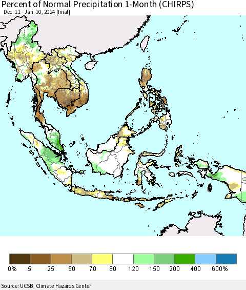 South East Asia Percent of Normal Precipitation 1-Month (CHIRPS) Thematic Map For 12/11/2023 - 1/10/2024
