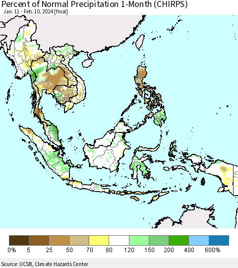 South East Asia Percent of Normal Precipitation 1-Month (CHIRPS) Thematic Map For 1/11/2024 - 2/10/2024