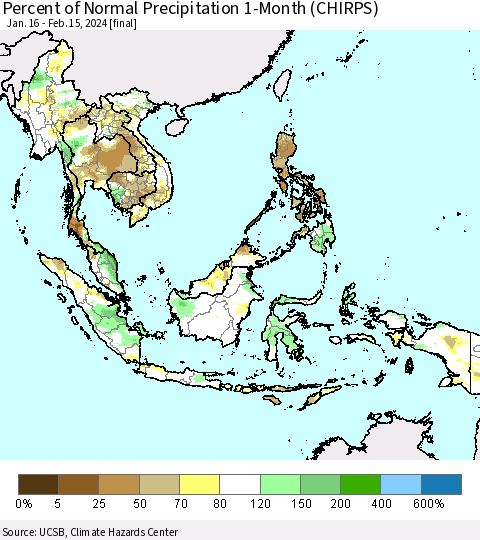 South East Asia Percent of Normal Precipitation 1-Month (CHIRPS) Thematic Map For 1/16/2024 - 2/15/2024