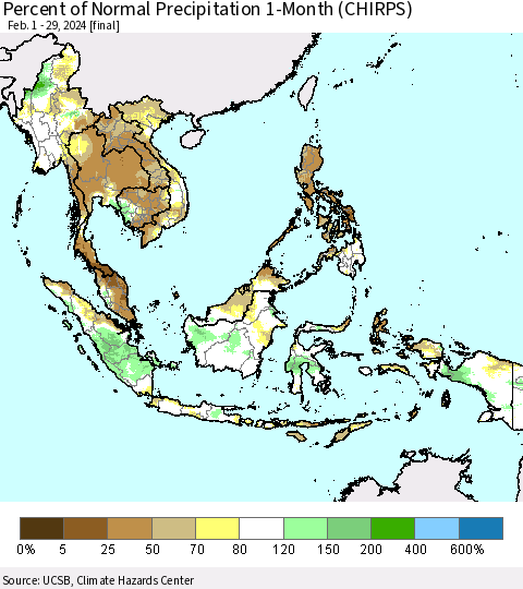 South East Asia Percent of Normal Precipitation 1-Month (CHIRPS) Thematic Map For 2/1/2024 - 2/29/2024