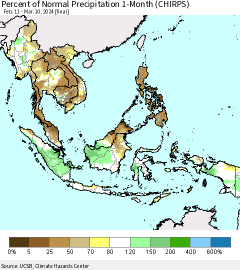 South East Asia Percent of Normal Precipitation 1-Month (CHIRPS) Thematic Map For 2/11/2024 - 3/10/2024