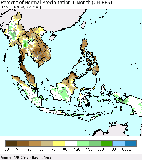 South East Asia Percent of Normal Precipitation 1-Month (CHIRPS) Thematic Map For 2/21/2024 - 3/20/2024