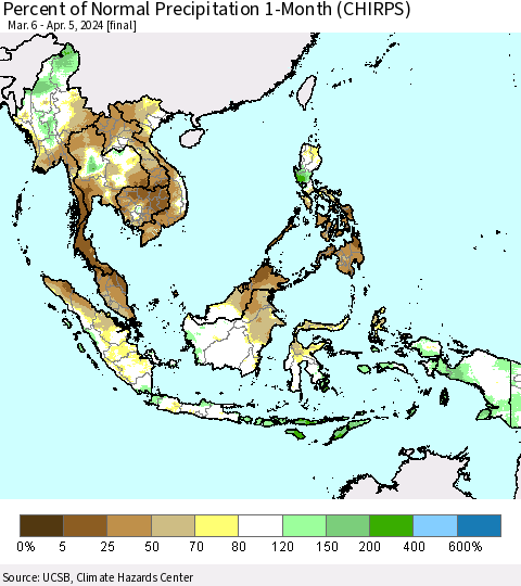 South East Asia Percent of Normal Precipitation 1-Month (CHIRPS) Thematic Map For 3/6/2024 - 4/5/2024