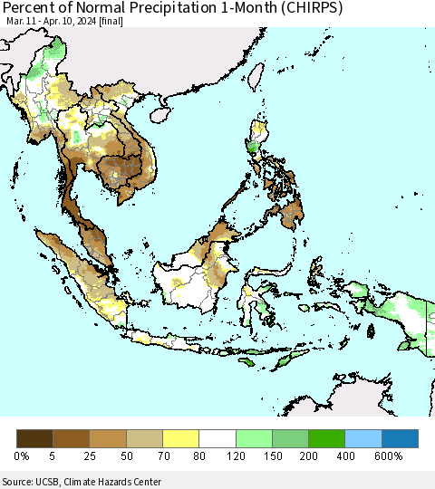South East Asia Percent of Normal Precipitation 1-Month (CHIRPS) Thematic Map For 3/11/2024 - 4/10/2024